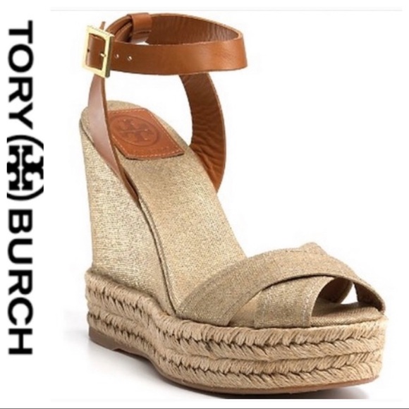 Tory Burch Shoes - 💕SALE Tory Burch Fabian Tan Canvas Metallic Wedge